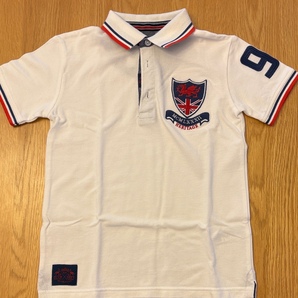 Kids Next Cream/Off White Polo Shirt with Navy & Red Trim - size 6 years